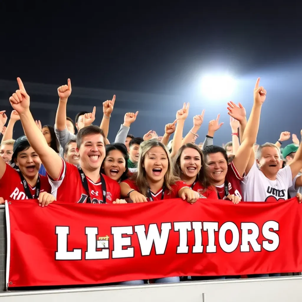 Excited fans celebrating victory with team banner.