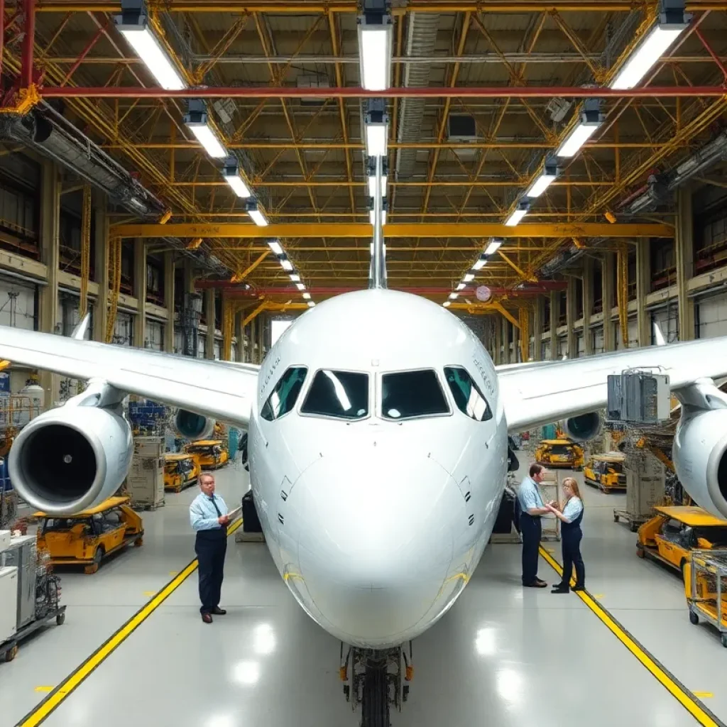 Boeing assembly line with advanced machinery and teamwork.