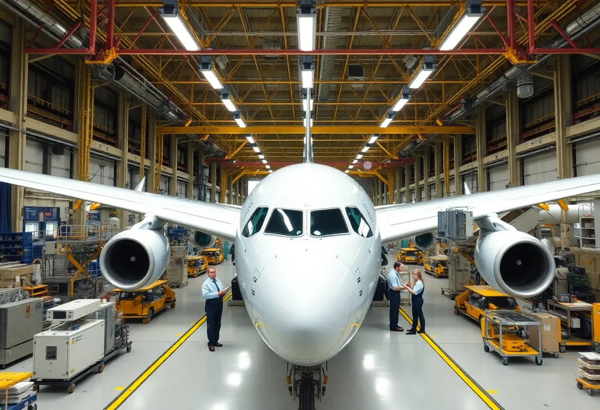 Boeing assembly line with advanced machinery and teamwork.