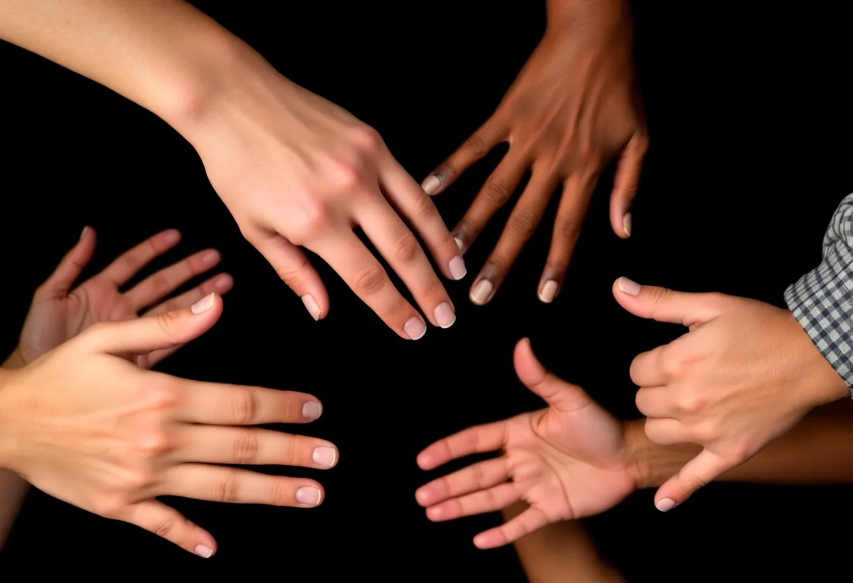 Diverse hands uniting, symbolizing strength against hate.