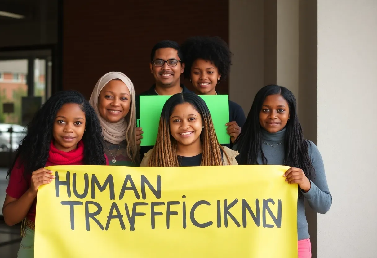 Human trafficking awareness campaign with diverse community support.