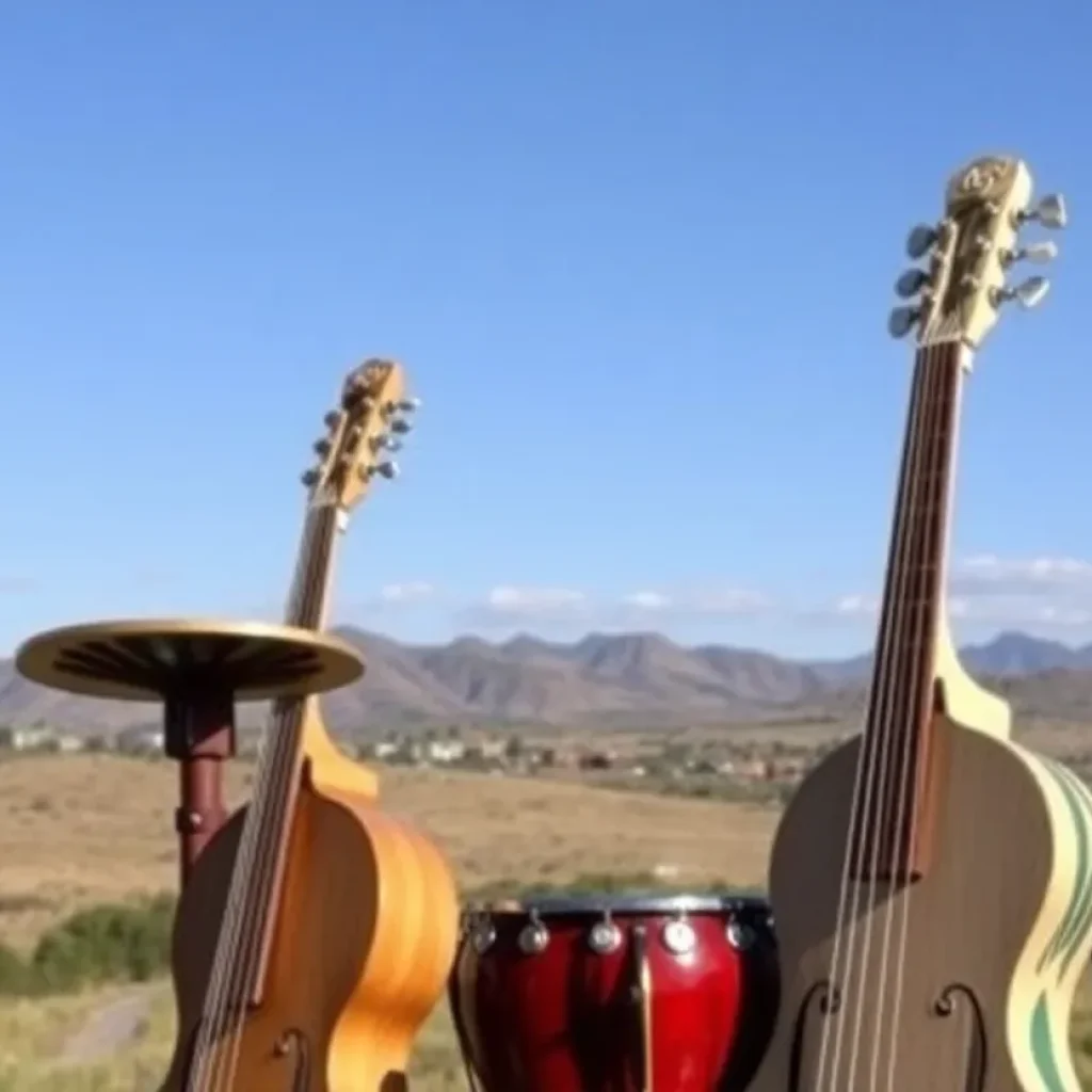 Colorful musical instruments with Southern scenery backdrop.