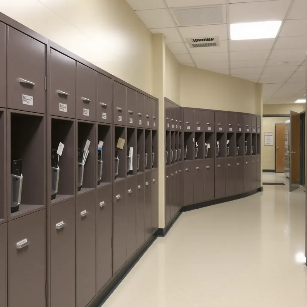 School hallway with locked cellphones in storage bins.