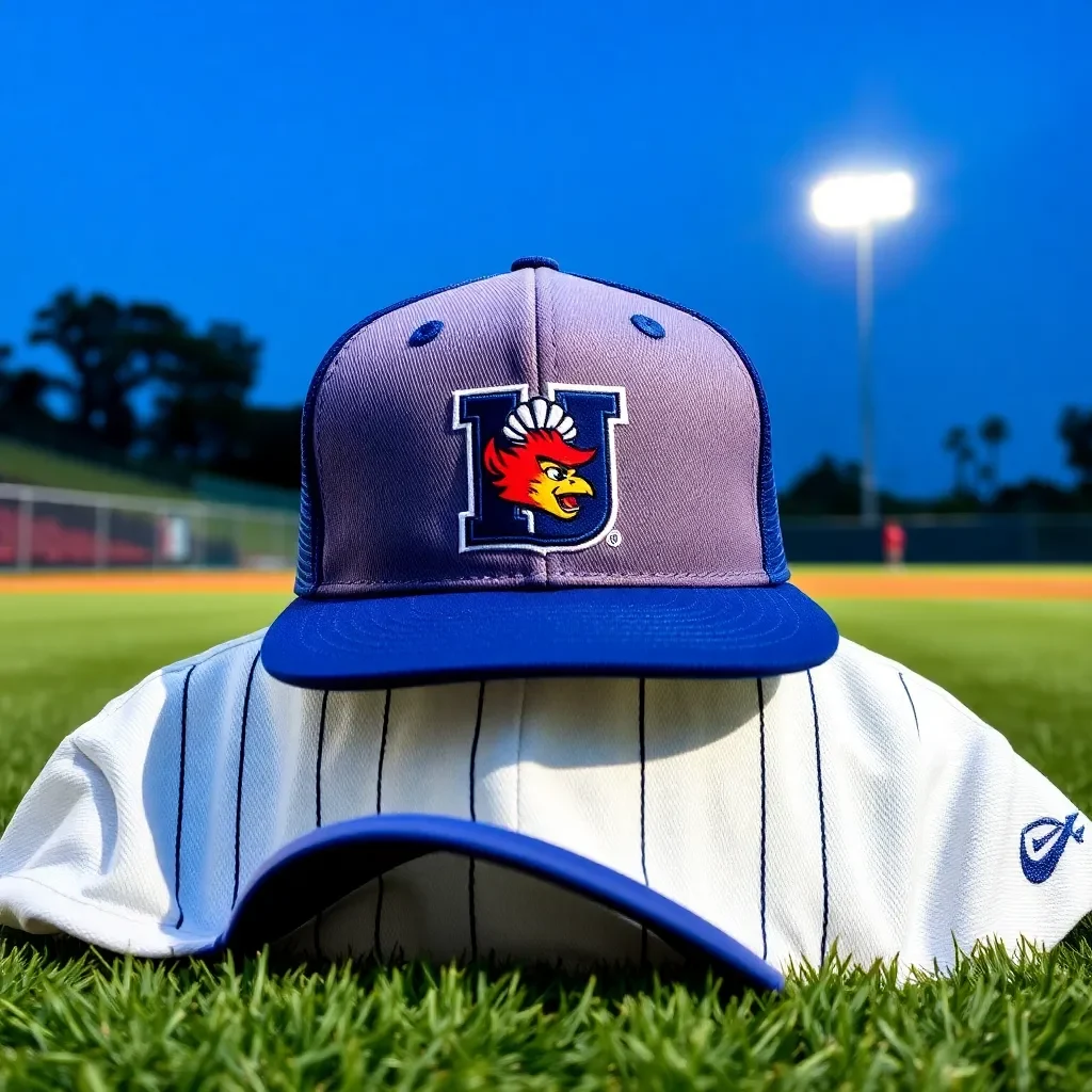 Baseball gear with university logo on a field backdrop.