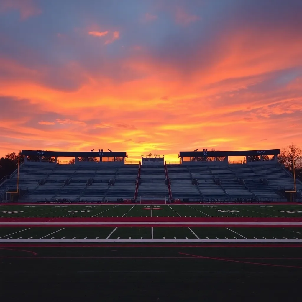 Football field with empty bleachers under a sunset sky.