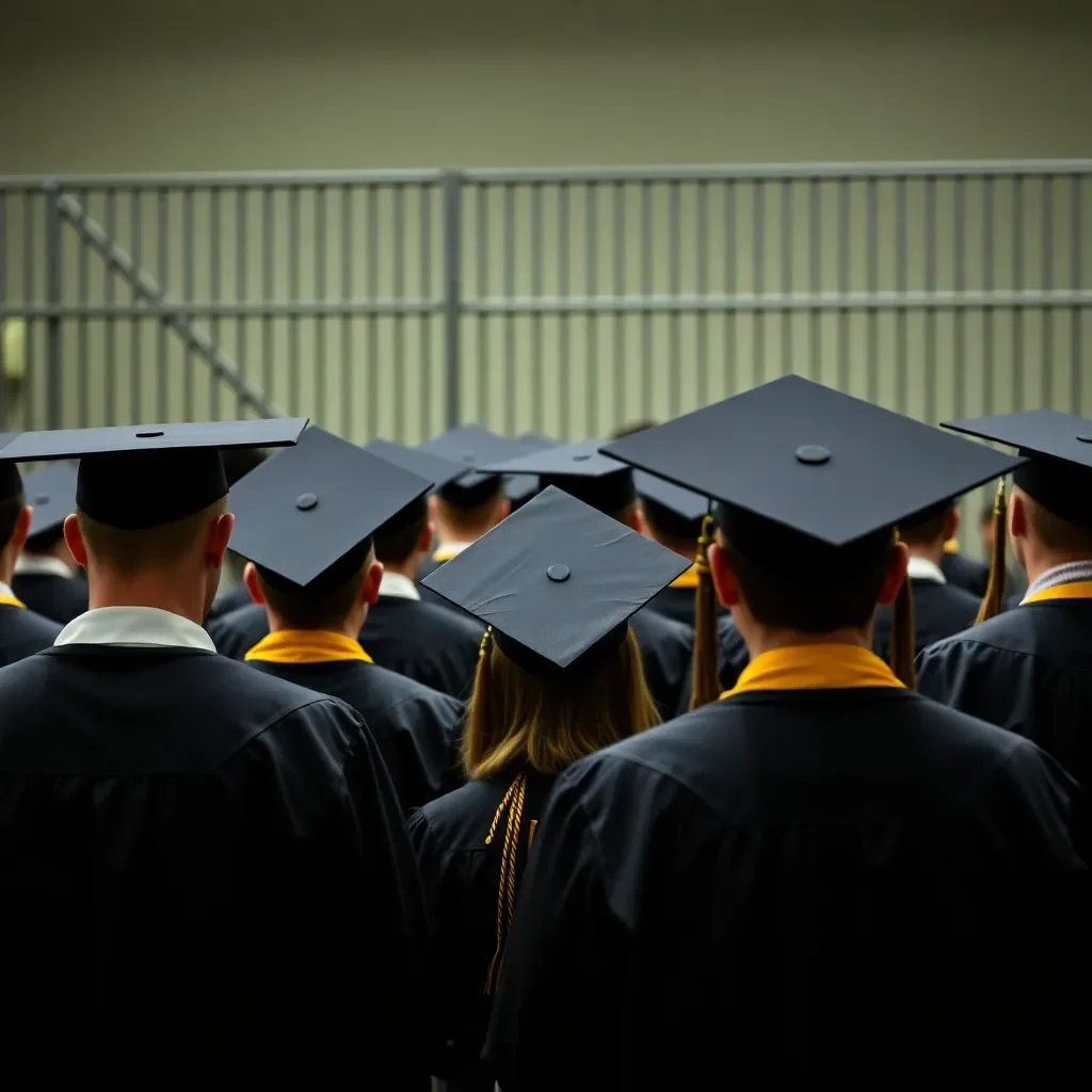 Graduation caps and gowns in a prison setting.