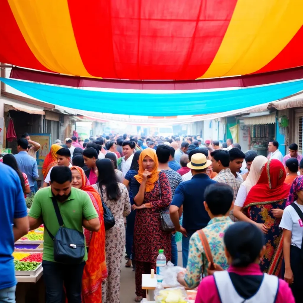 Vibrant community gathering in a flourishing local market.