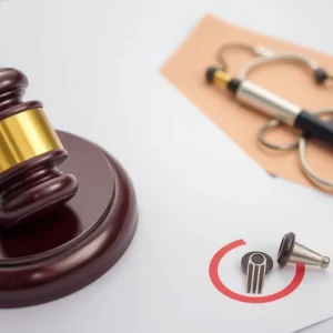 Gavel resting on healthcare documents and reproductive rights symbols.