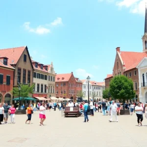 Historic town square with vibrant community gathering.