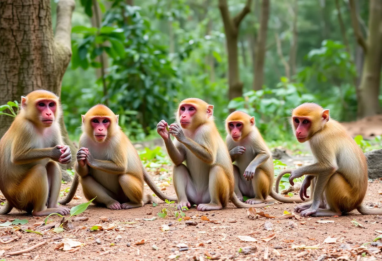 Group of playful monkeys in a lush forest setting.