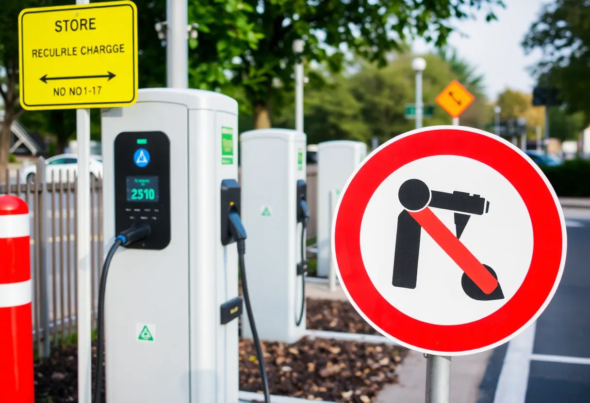 Electric vehicle charging station with regulatory road signs.