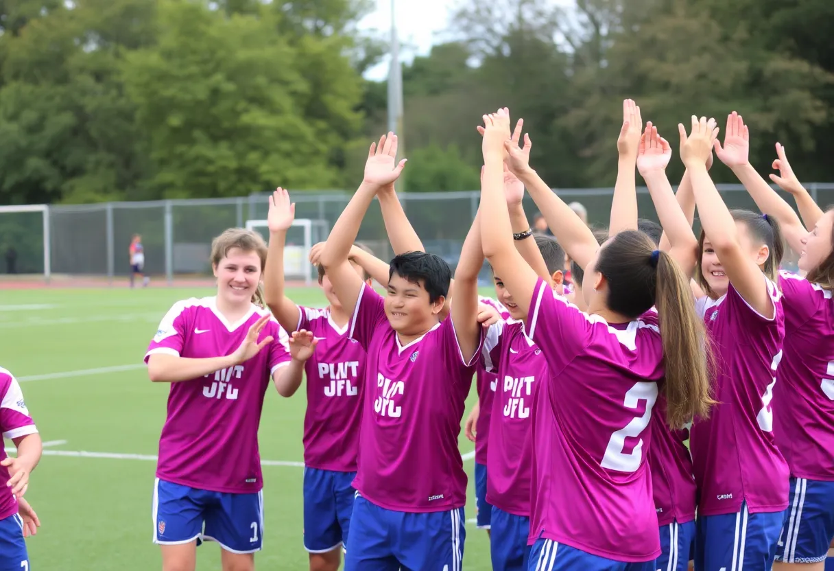 Football team celebrating teamwork and community spirit.