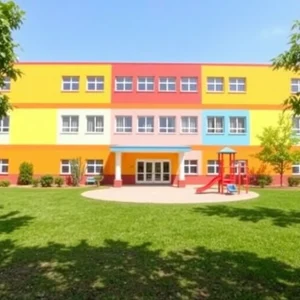 Colorful school building with playground and green space.