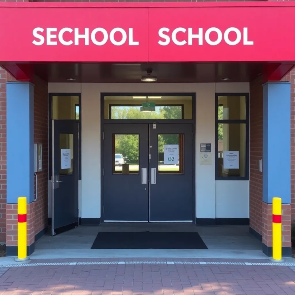 School entrance with visible security measures and calm atmosphere.