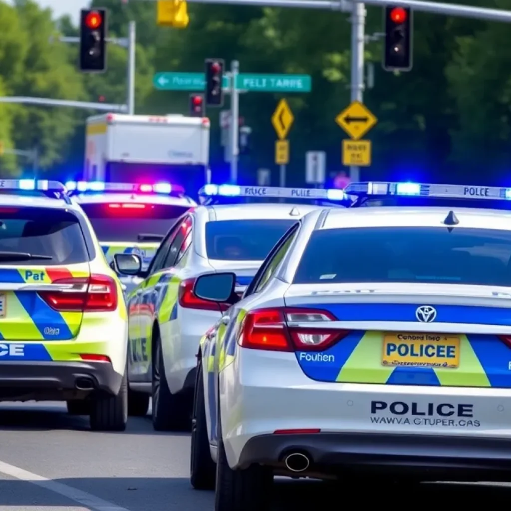 Police cars lined up at a traffic intersection.