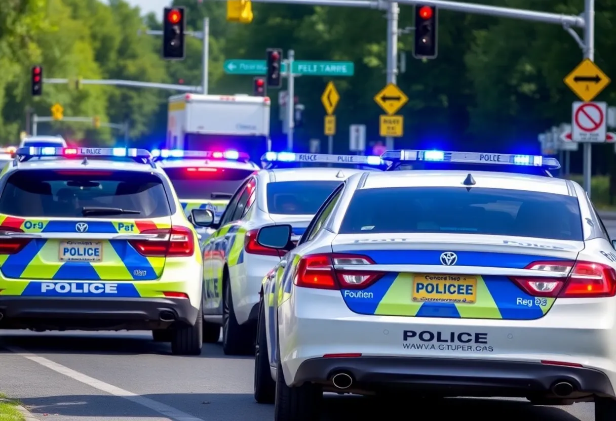 Police cars lined up at a traffic intersection.