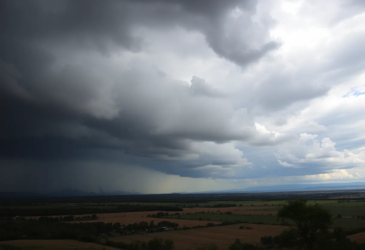 Dark storm clouds gathering over a southern landscape.