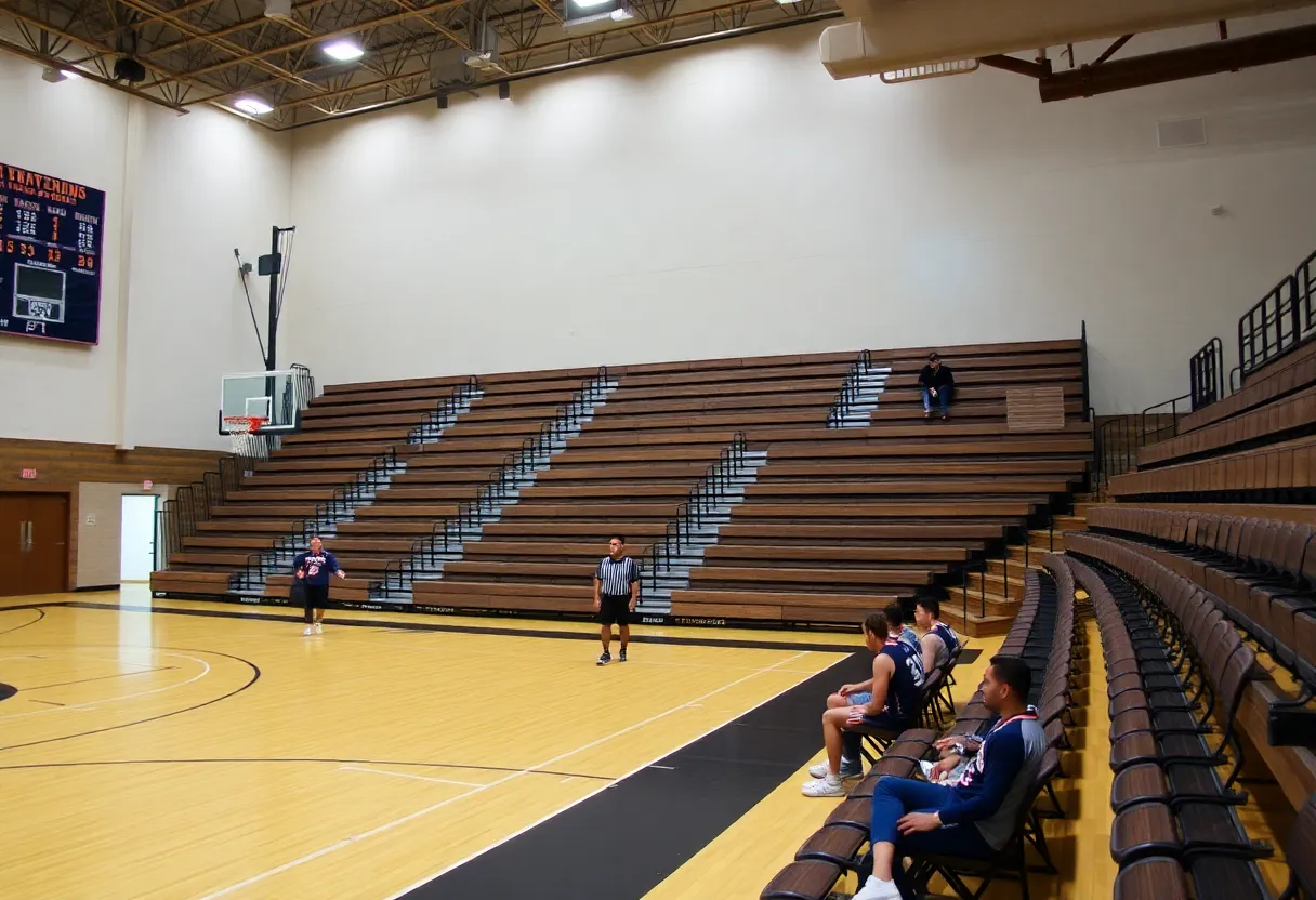 Basketball court with empty bleachers and team jerseys.