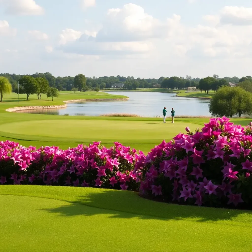 Par-3 golf hole at a charity tournament surrounded by azaleas