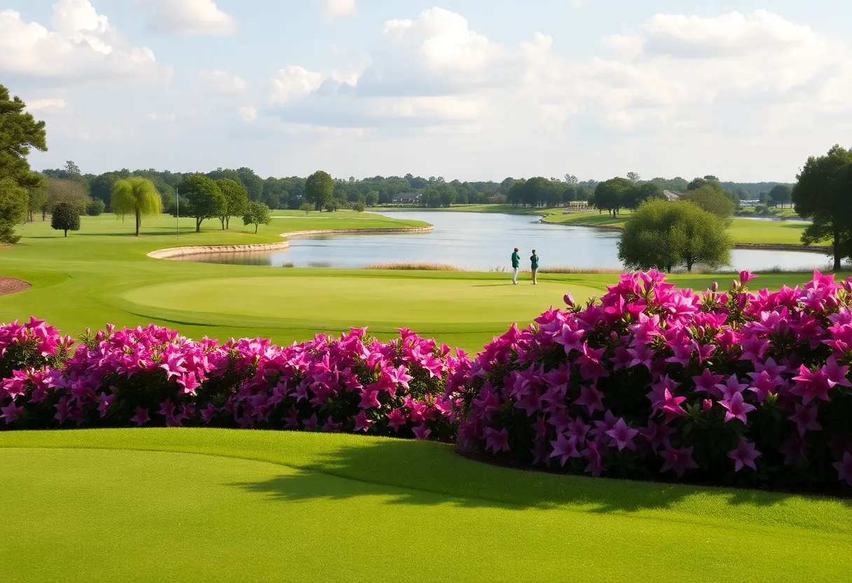 Par-3 golf hole at a charity tournament surrounded by azaleas