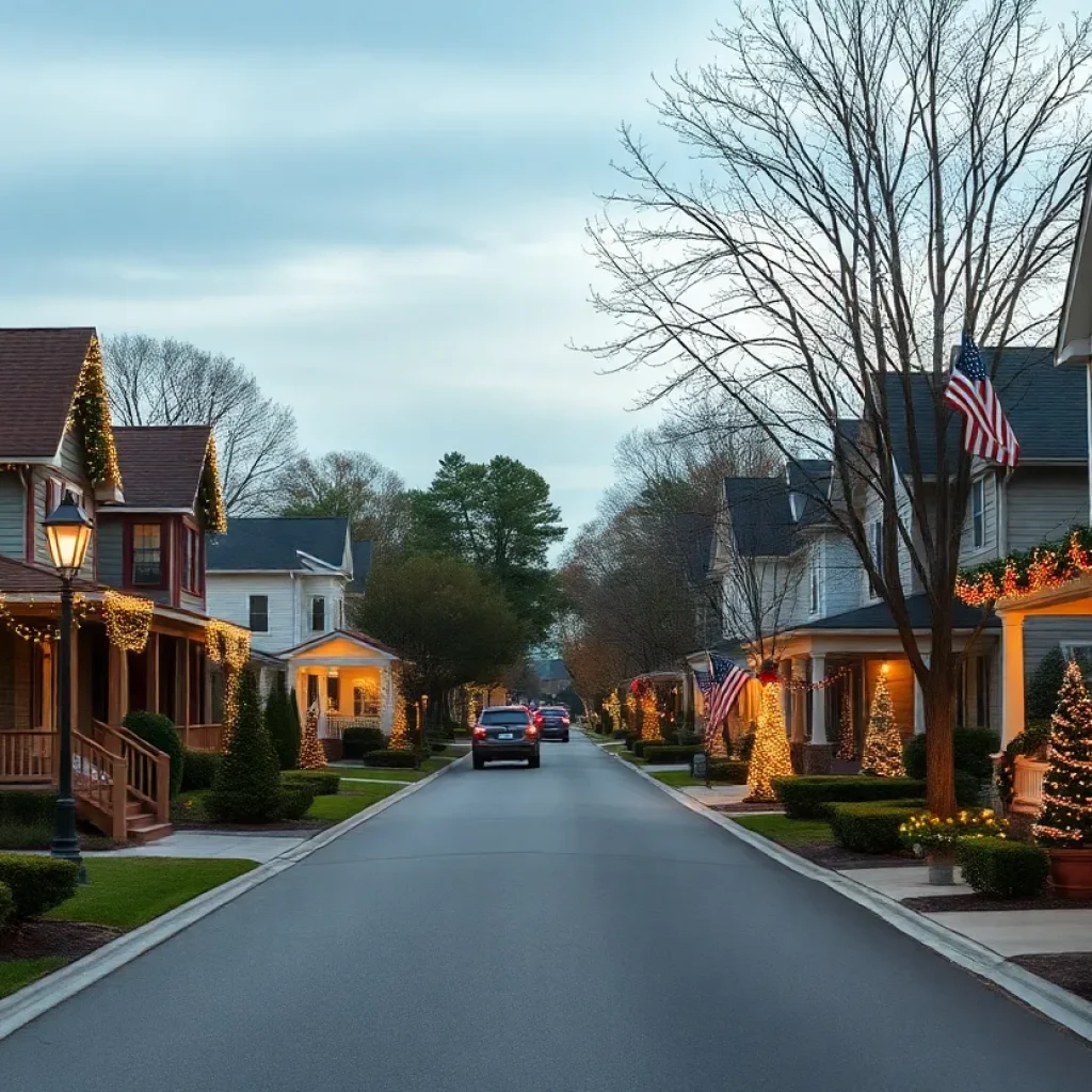 A street in Columbia SC decorated for Christmas with no snow.