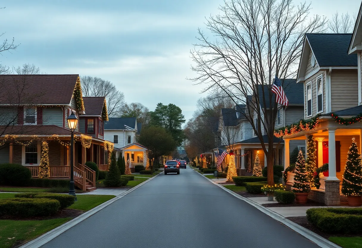 A street in Columbia SC decorated for Christmas with no snow.