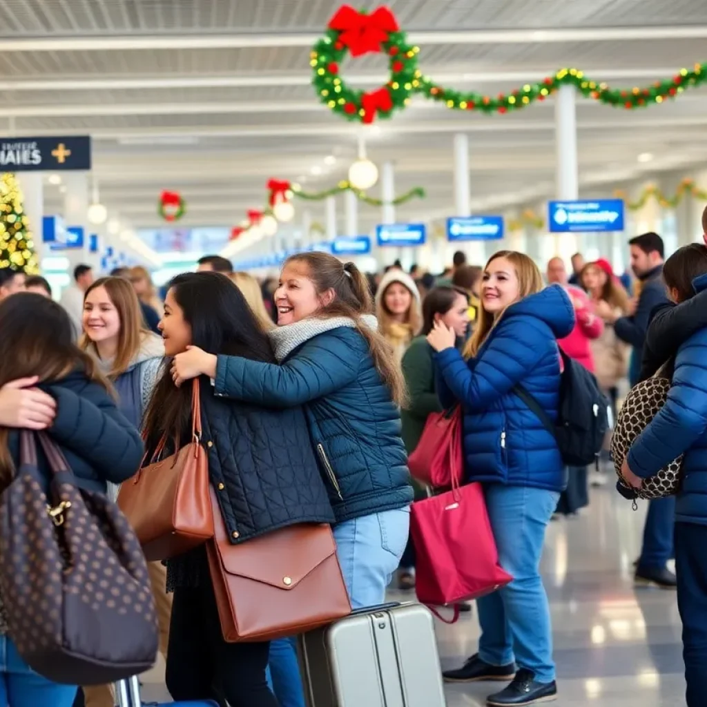 Families celebrating reunions at the airport during Christmas.