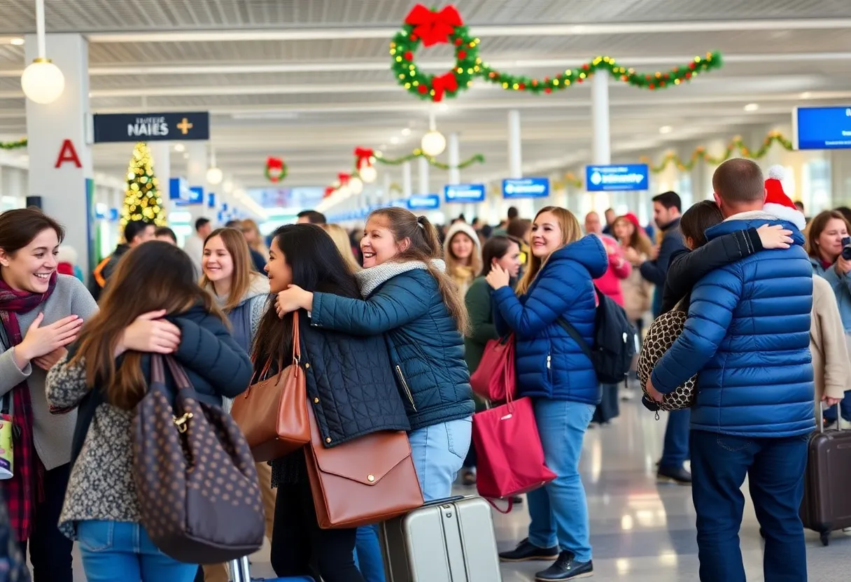 Families celebrating reunions at the airport during Christmas.