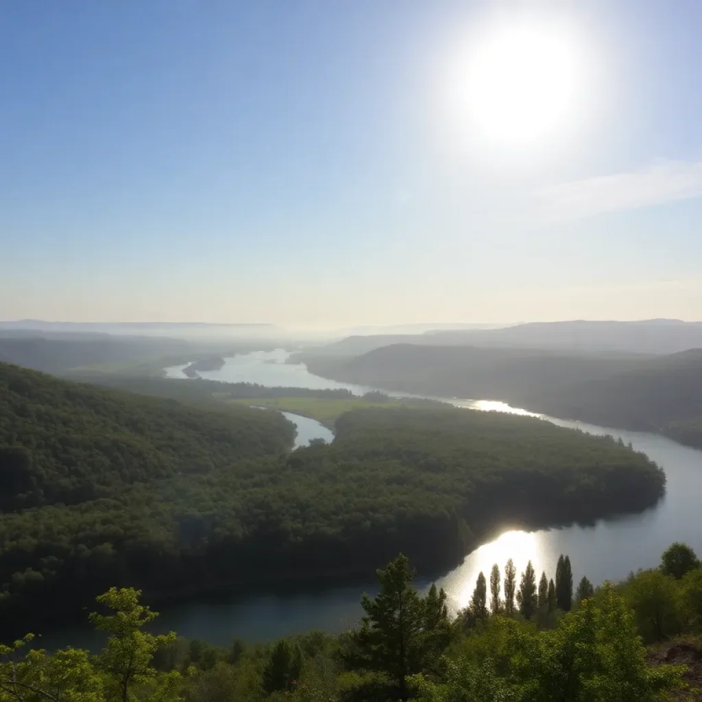 A panoramic view of the Columbia Basin with clear skies and vibrant greenery after recent rainfall.