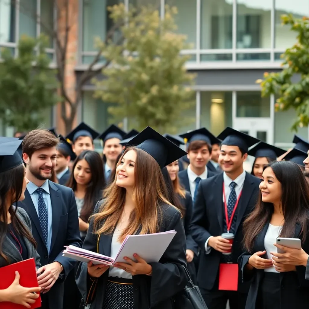 Graduates of Columbia Business School celebrating job offers on campus.