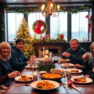 Festive dining scene in a Columbia restaurant during Christmas