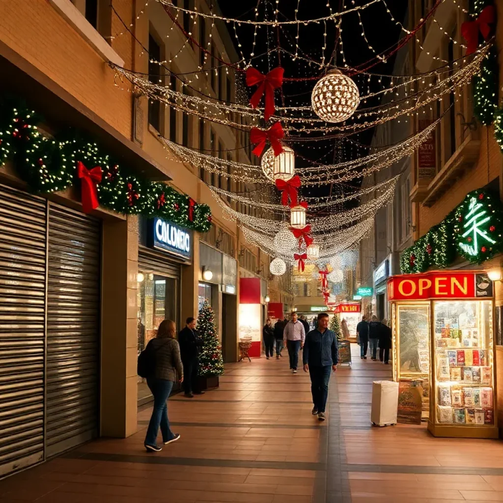 Holiday shopping scene in Columbia during Christmas Day with open and closed stores