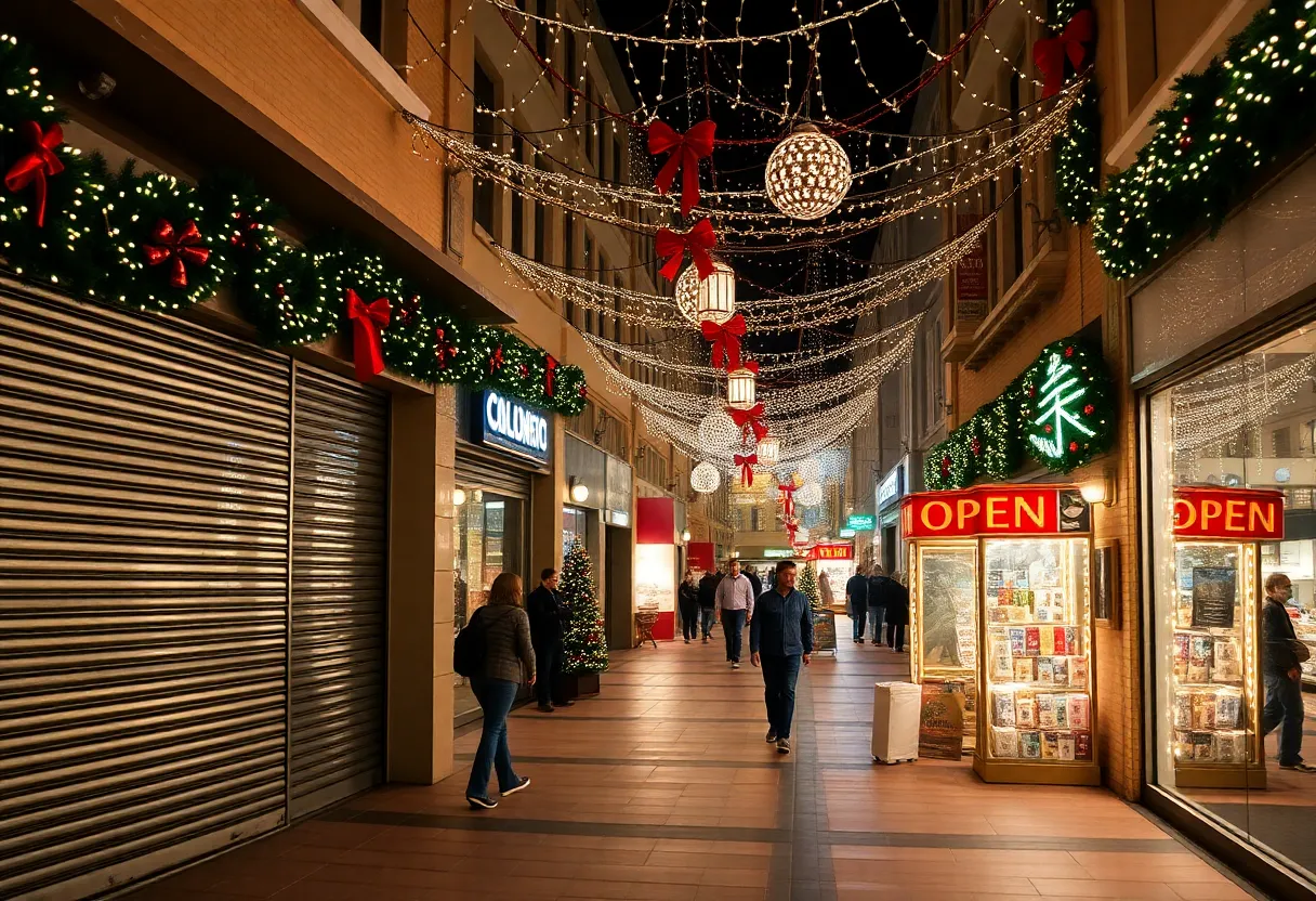 Holiday shopping scene in Columbia during Christmas Day with open and closed stores