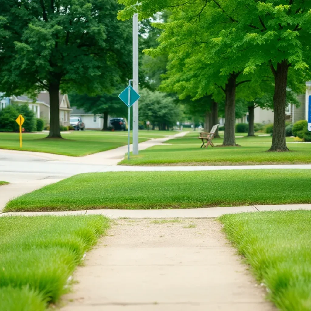 View of a neighborhood in Columbia, Missouri showcasing well-maintained lawns.