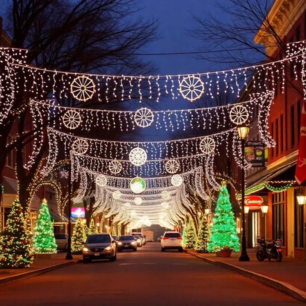 Decorated street in Columbia SC during the Christmas season without snow