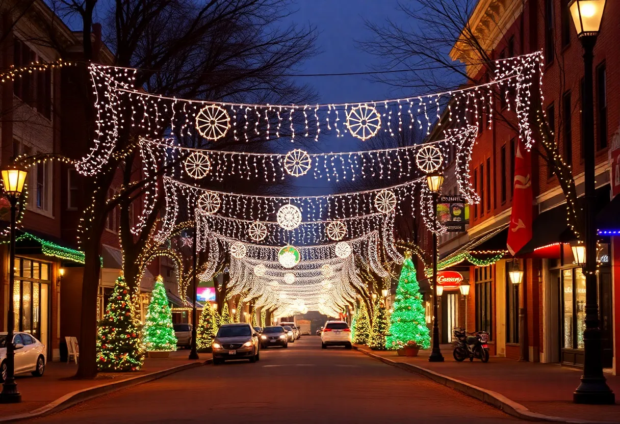 Decorated street in Columbia SC during the Christmas season without snow