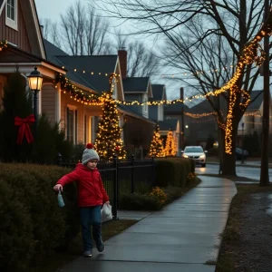 A neighborhood scene during the holidays reflecting a mourning atmosphere.