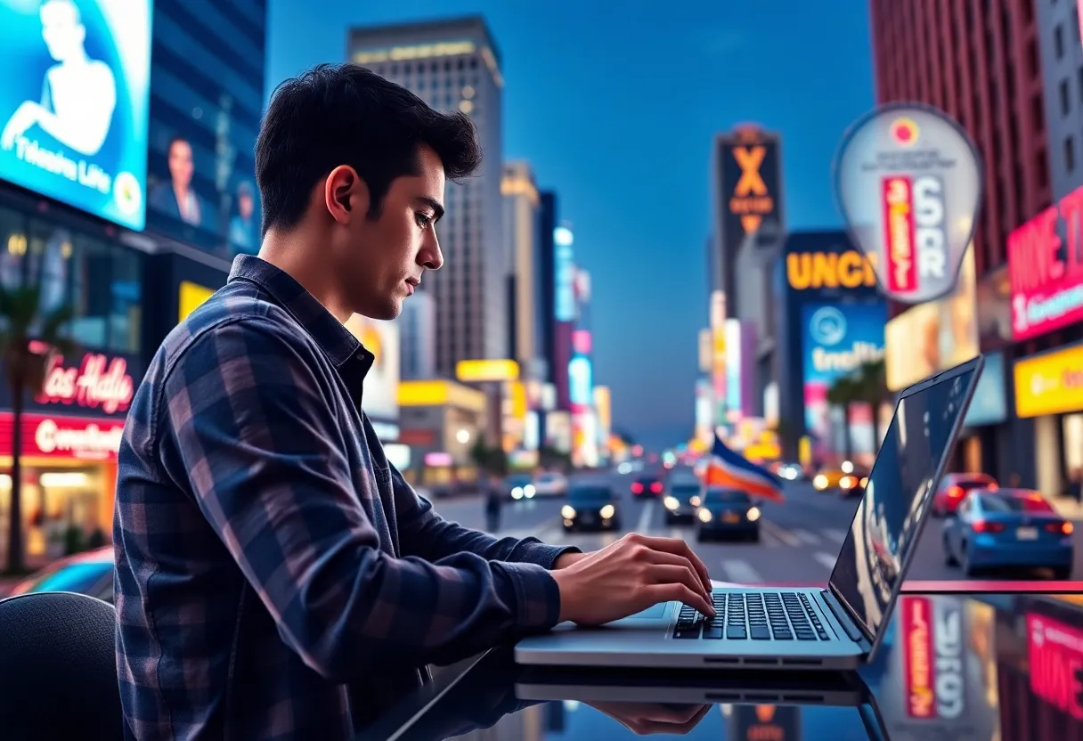 A vibrant scene of a professional in digital marketing working on a laptop.