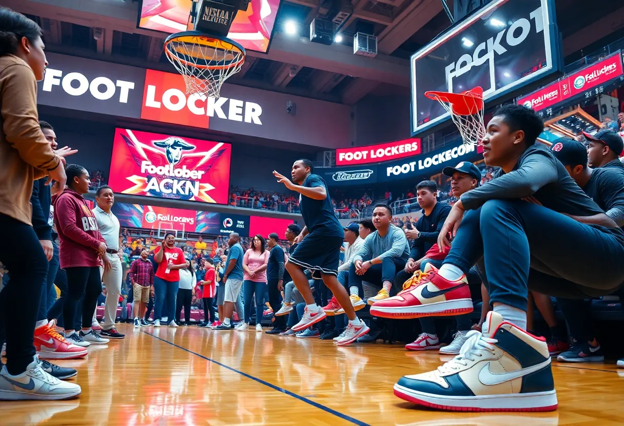 Fans enjoying basketball game activities with Foot Locker branding