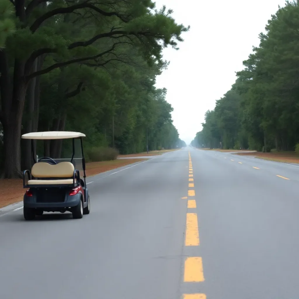 Peaceful road scene with a golf cart in South Carolina