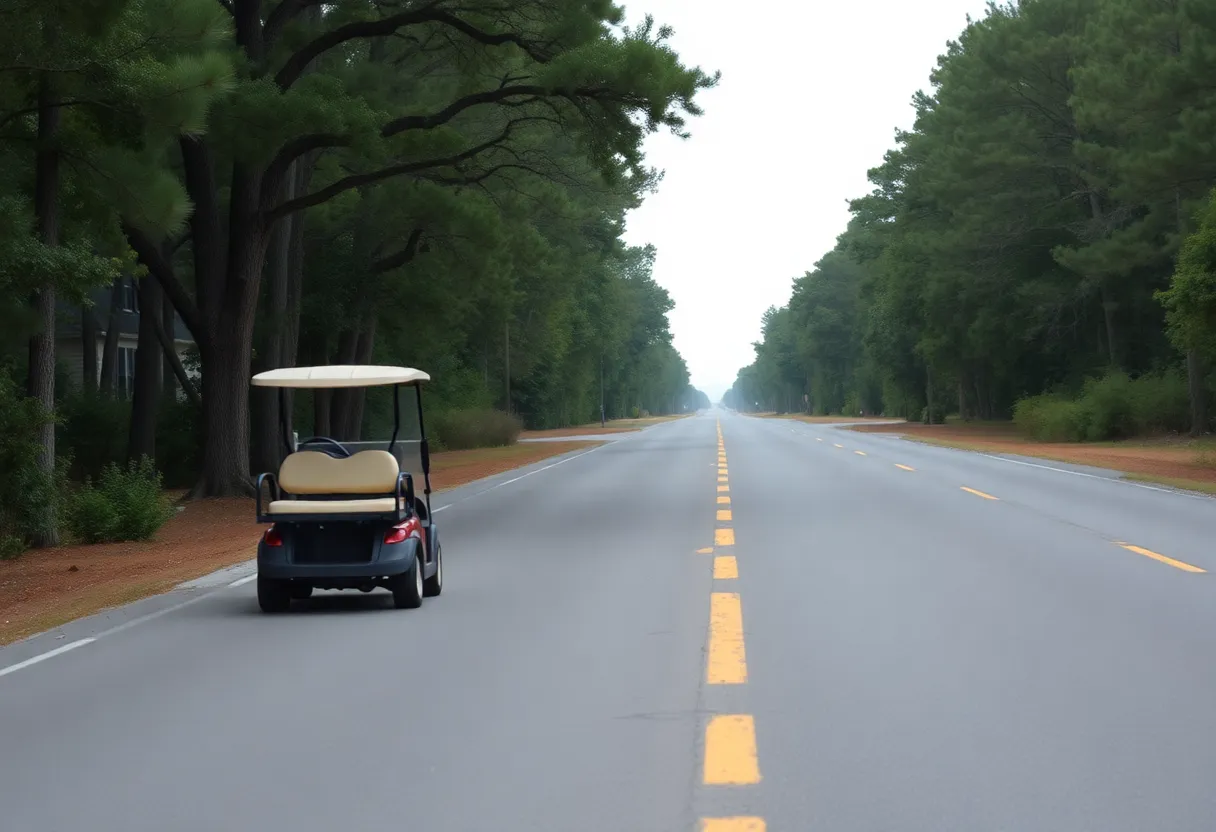 Peaceful road scene with a golf cart in South Carolina