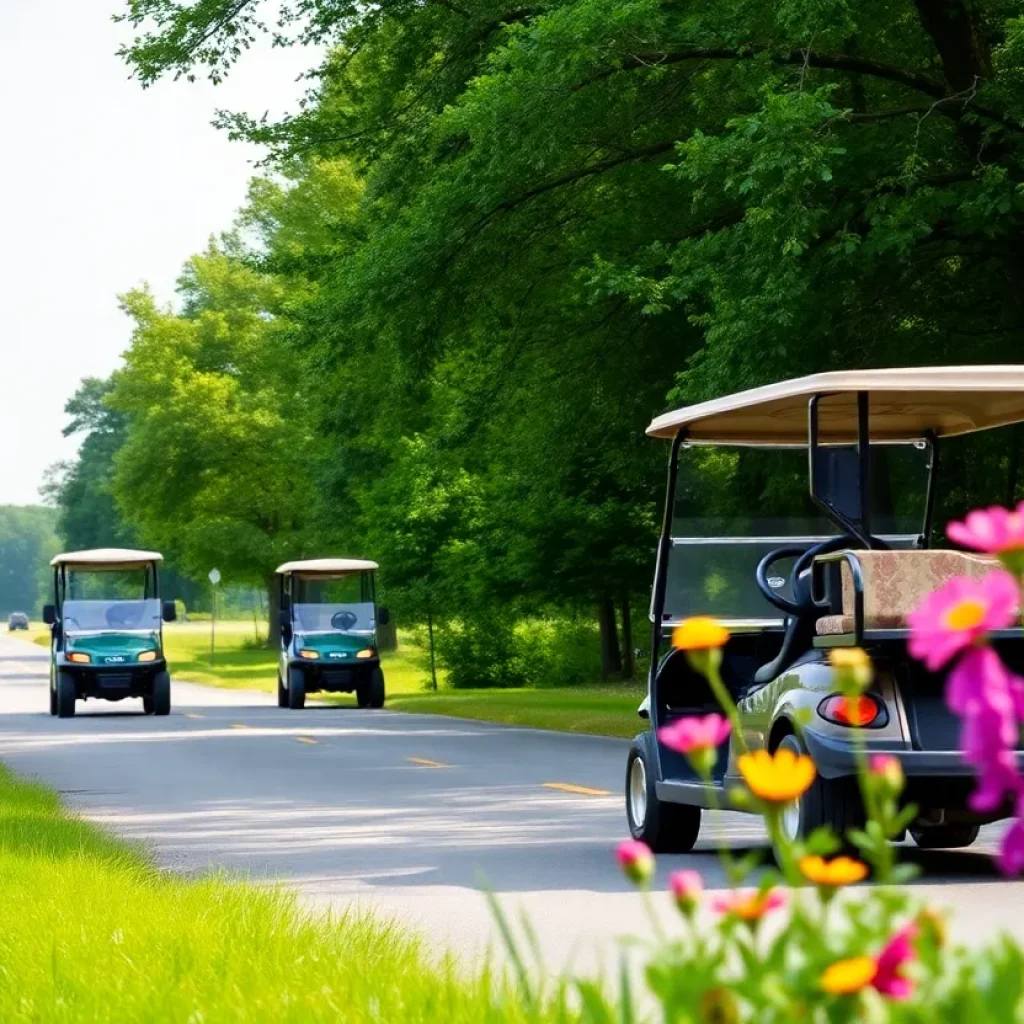 A picturesque view of a country road with greenery, representing golf cart safety awareness in Lexington County