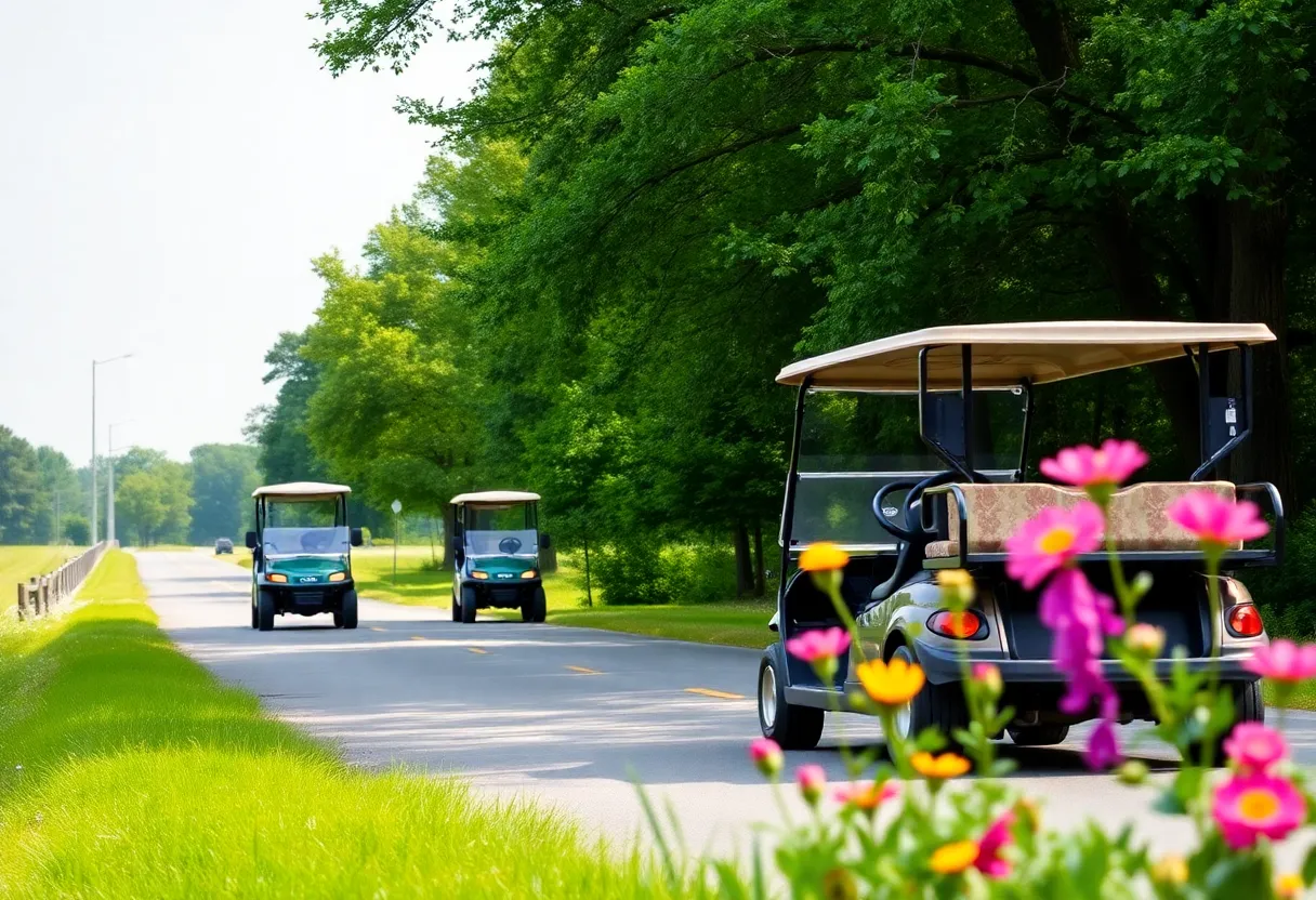 A picturesque view of a country road with greenery, representing golf cart safety awareness in Lexington County