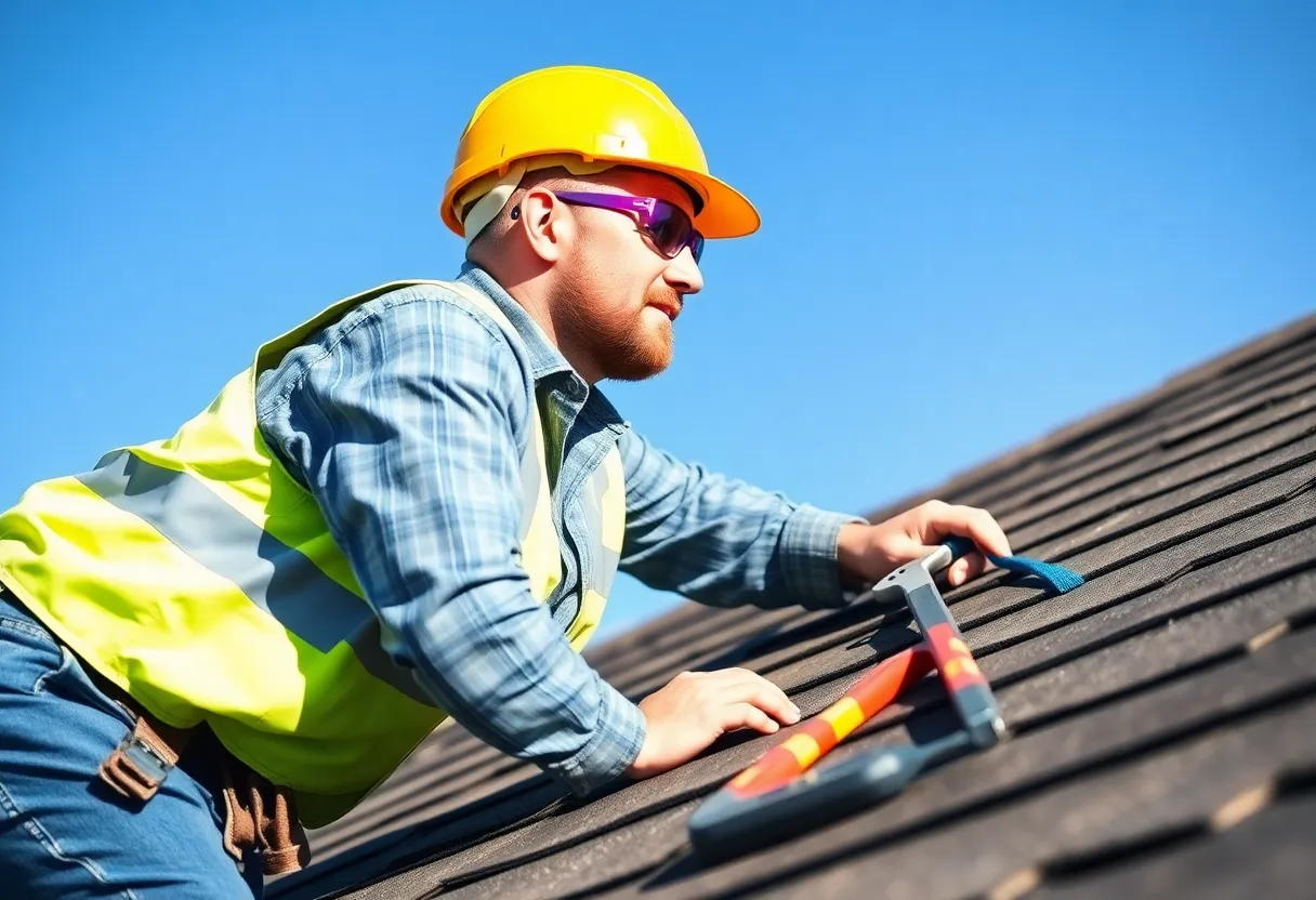 A homeowner in safety gear inspecting a roof for repairs.