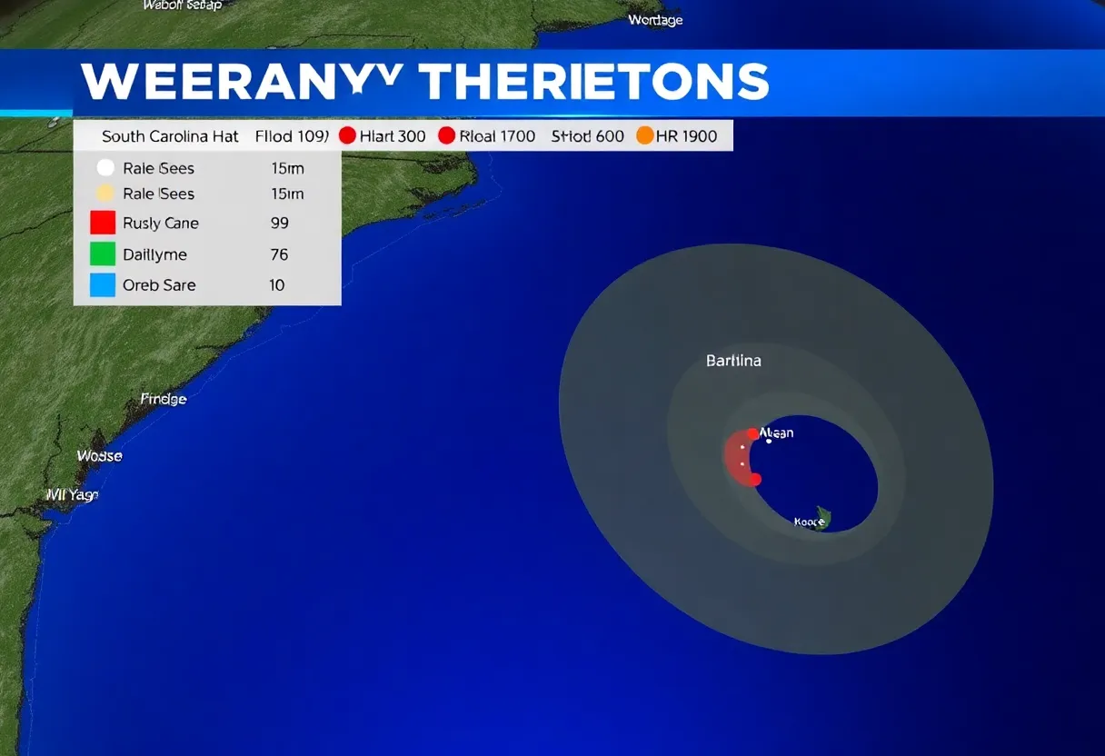 Map of South Carolina with projected rainfall from Hurricane Debby