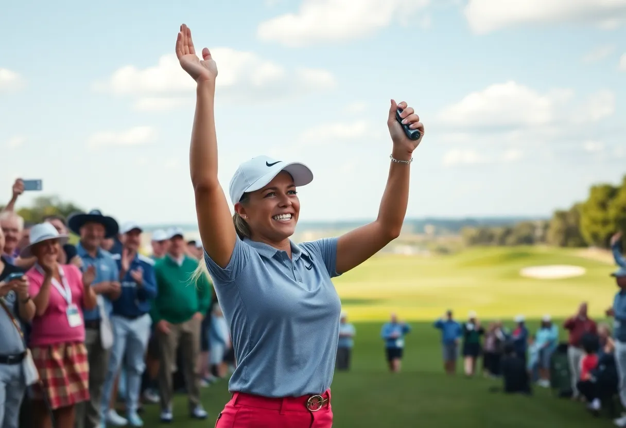 Lauren Stephenson celebrating her win at the Twin Bridges Championship.