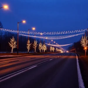 Desolate road on Christmas Eve with decorations