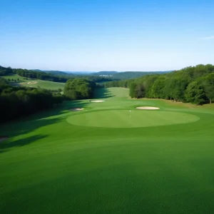 A scenic view of a golf course surrounded by nature in Lexington, Kentucky.