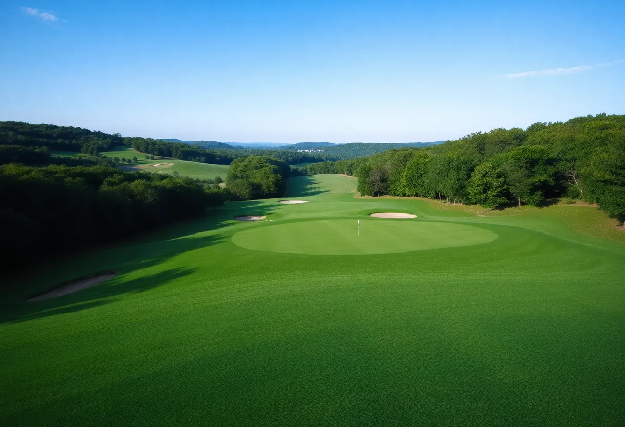 A scenic view of a golf course surrounded by nature in Lexington, Kentucky.