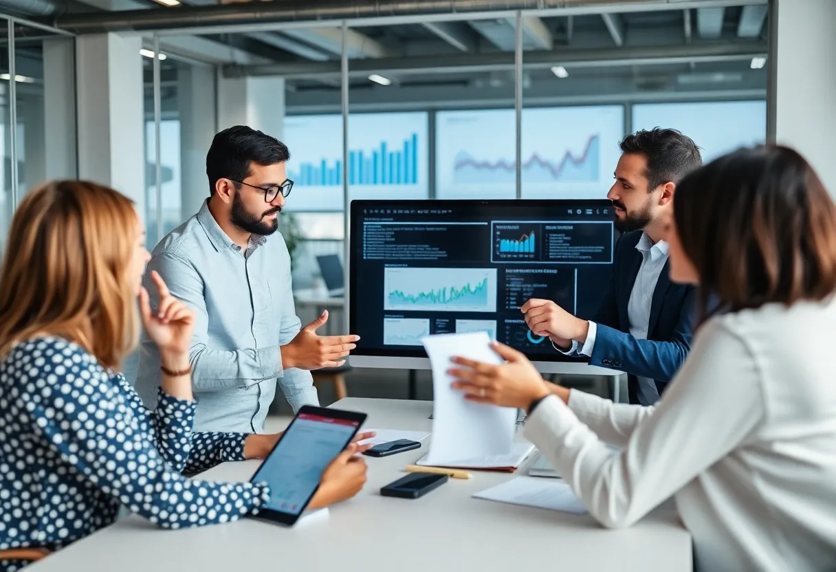 Marketing team collaborating in modern office space